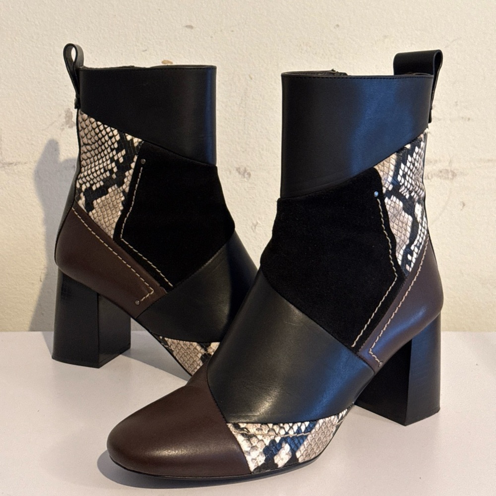 SEE BY CHLOE TYRA PATCHWORK BOOT BLACK/BROWN MULTI SNAKE Sz 40